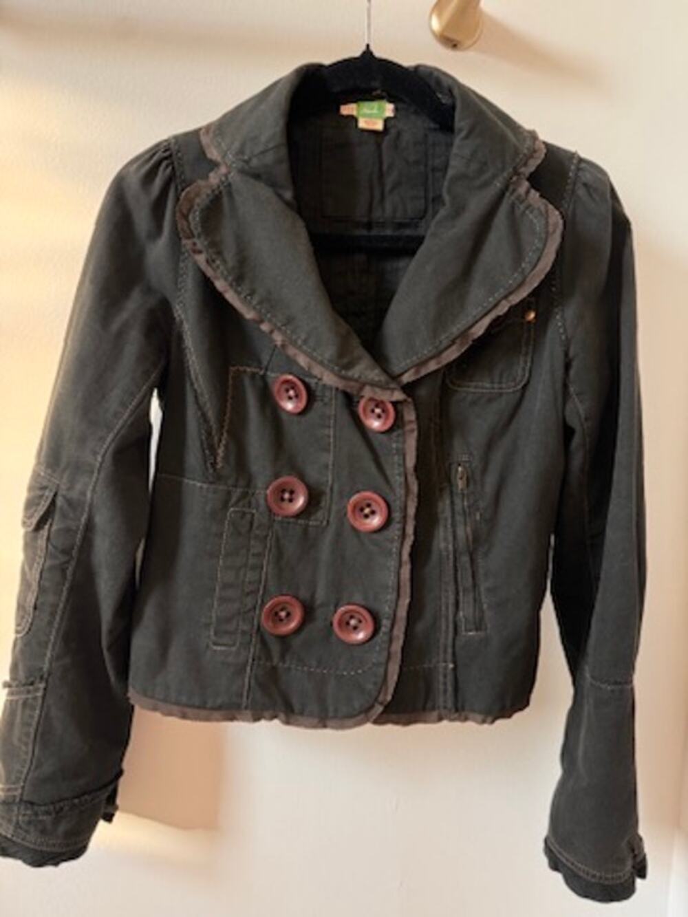 Vtg Ett Twa Anthropologie Black Cotton Double Breasted Cargo Peplum Jacket 4